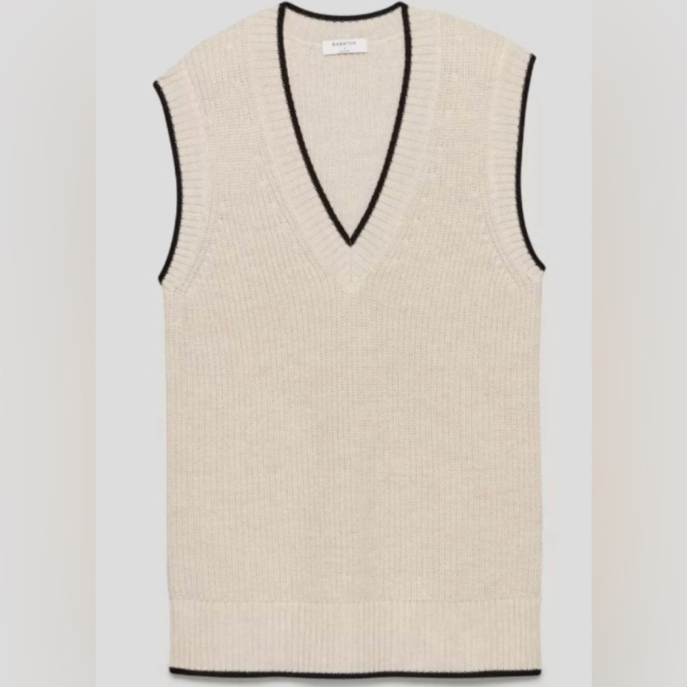 BABATON Sherman Merino Wool‎ Sweater Vest in Heather Bone/Black Trim XS ARITZIA
